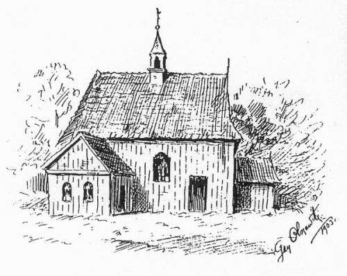 Wygląd bebelskiego kościoła z 1903 roku, za: A. Adamczyk, Kościoły drewniane w województwie kieleckim. Kielce 1998, s. 36.